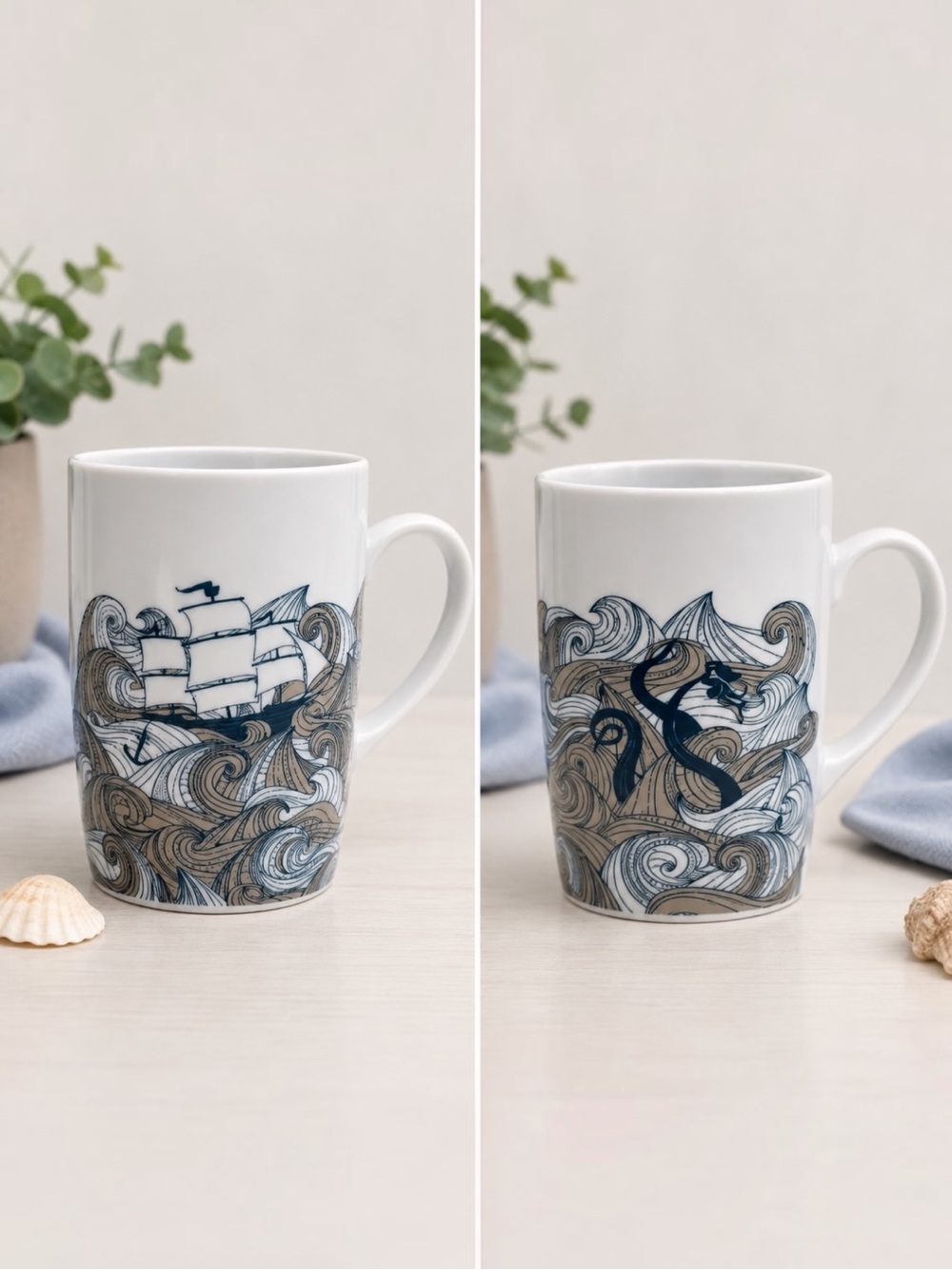 Vintage Danica Studio Kraken Ship Nautical Ceramic Coffee Mug Rare Ocean Wave